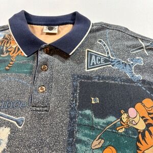 Disney Catalog Tigger Golf Polo Shirt Mens L Blue All Over Print Cotton Vintage